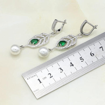 925 Silver Natural Green AAA+ Cubic Zirconia White Pearl Jewellery Set - The Jewellery Supermarket